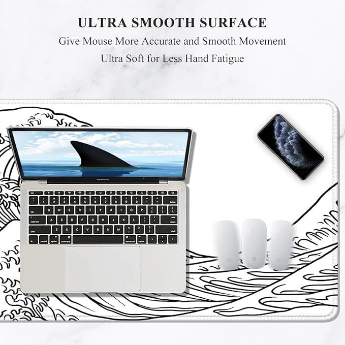 Auhoahsil Large Mouse Pad, XXL Gaming Mousepad, Desk Mat for Desktop, Thick Rubber, Big & Long Size, Stitched Edges, Full Desk Pad for Laptop & Computer, Extended 35.4 x 15.7 in, White Great Wave