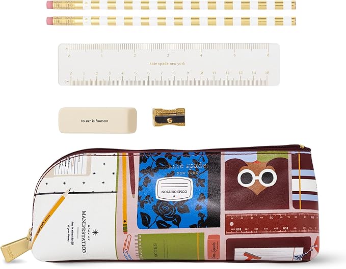 kate spade new york Pen and Pencil Case with Office Supplies, Zip Pouch Includes Pencil Sharpener, Eraser, Ruler, and 2 Wooden Pencils (Book Club)