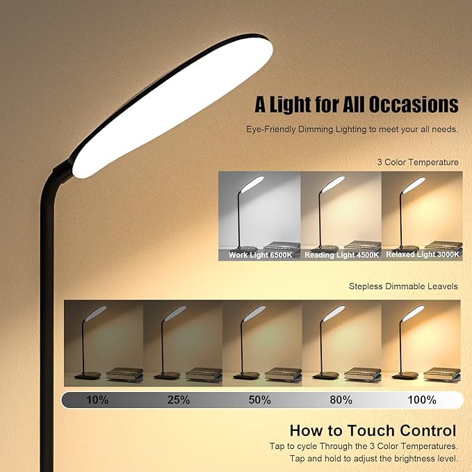 DEEPLITE Battery Operated Desk Lamp, LED Desk Light 3 Lighting Stepless Dimming, Table Lamp 5W Touch Control Eye Caring, Flexible Gooseneck, Portable Reading Light for Dorm Study Bedroom (Set of 2)