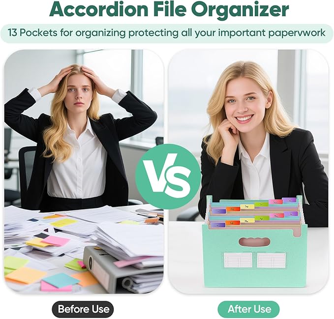 Accordion File Organizer with 13 Pockets, Wheat Straw Expanding File Folder with Lable Pocket,Upright Open Top,A4/Letter Size Paper Document Storage Organizer for School,Home and Office Supplies