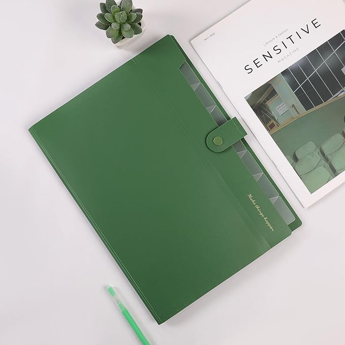 SKYDUE Expanding File Folders with 8 Pockets, Accordion File Organizer with Labels, Portable Paper Bill Receipt Organizer, Letter Size, Home School Office Supplies, Olive Green
