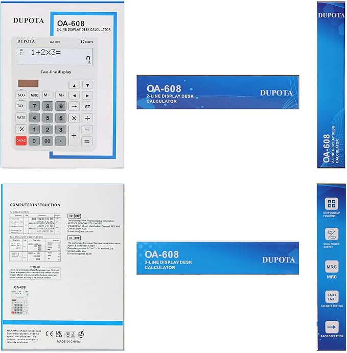 Desktop Calculator Large Display Big Buttons with 12 Digits 2-line LCD, Dual Solar Power and Battery, Calculator with Tax and Check Function for Office, Home, School and Business Large Size（OA-608）