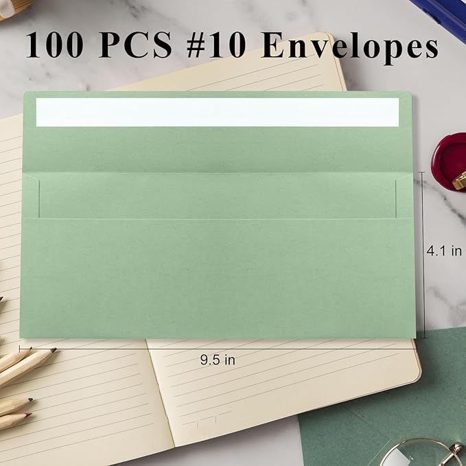 100 Pack Sage Green #10 Business Envelopes, Standard Envelopes Self Seal, 4 1/8 x 9 1/2 Inch Letter Size Business Mailing Envelopes for Checks Invoices Statements Baby Shower Wedding Birthday