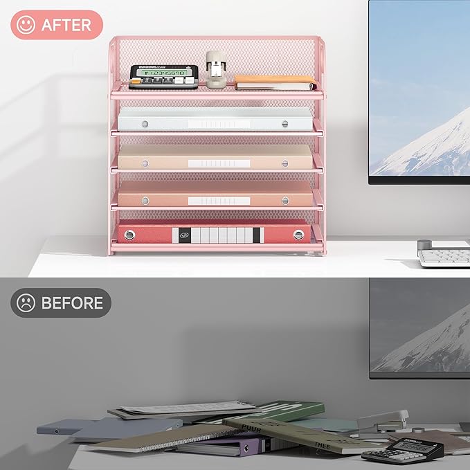 5 Tray Paper Organizer Letter Tray with Handle - Mesh Desk File Organizer, Paper Sorter Organizer for Office, Home or School File Folder Holder - Pink