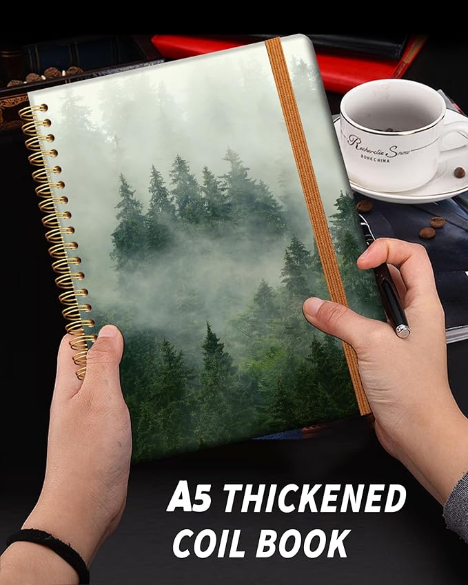 Ruled Spiral Writing Notebook,A5 Hardcover Lined College Journal for Women,Strong Twin-Wire Binding with Premium Paper,8.4" X 6",Perfect for School,Office,Home(Misty Landscape Forest)