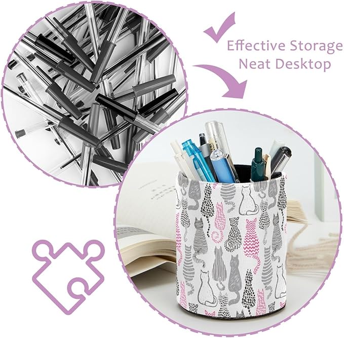 Pen Holder Stand for Desk, Pink Black Grey Cats Collection Desk Organizer Makeup Brush Holder for School, Home, Office