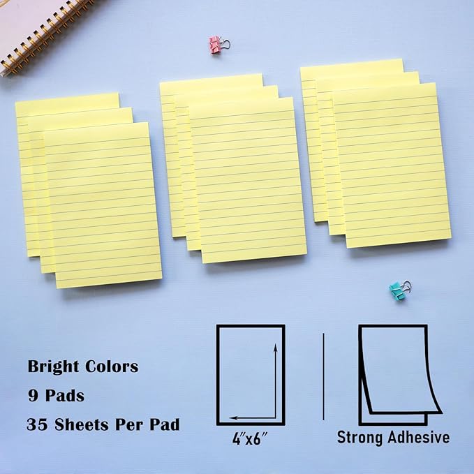 9 Pack Lined Sticky Notes with Lines 4x6 in Post, Yellow Color, Large Ruled Super Sticking Power Memo Pads, Self-Stick Pads for Home, Office, School