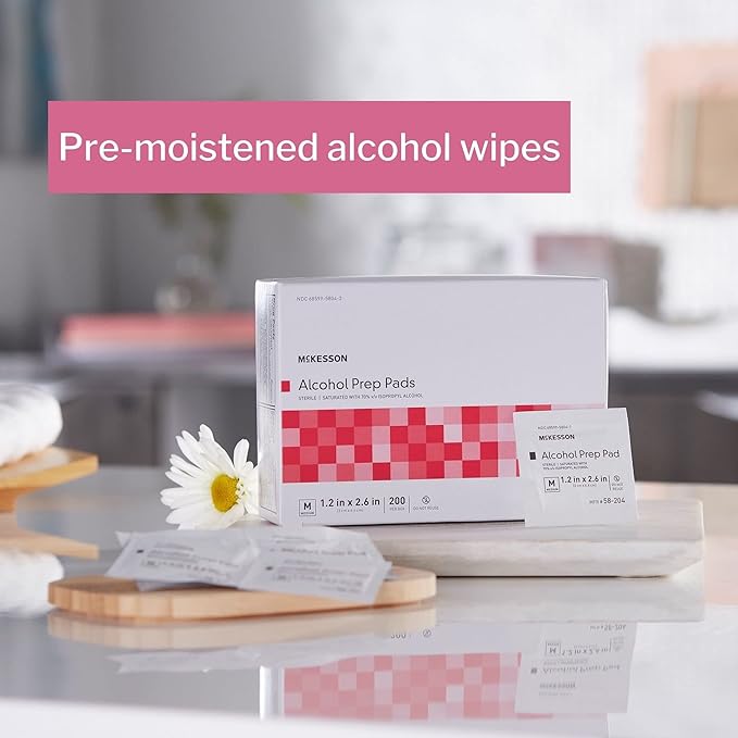 McKesson Alcohol Prep Pads [Pack of 200] 70% Isopropyl, Individually Wrapped Wipes, Sterile, Medical-Grade, First Aid, Medium