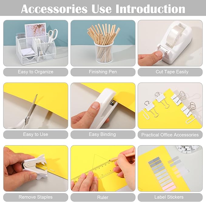 11 in 1 Desk Organizers and Accessories - White Office Supplies - Includes White Stapler, Tape Dispenser, Pen Holder, Staple Remover, Clips, Ruler, Scissors, Tapes, Tabs