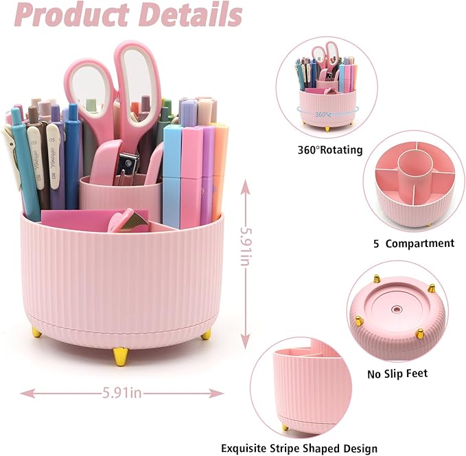 Pink Desk Accessories, Rotating Pen Holder Set,Pink Office Supplies with Stapler and Tape Dispenser Set, Gifts for Office Clerks,Student