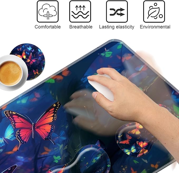 Keyboard Mouse Pad Set,Large Mouse Pad+Keyboard Wrist Rest+Wrist Support+Coaster,31.5x11.8in Extended Desk Mat for Computer Laptop Office Home - Butterfly