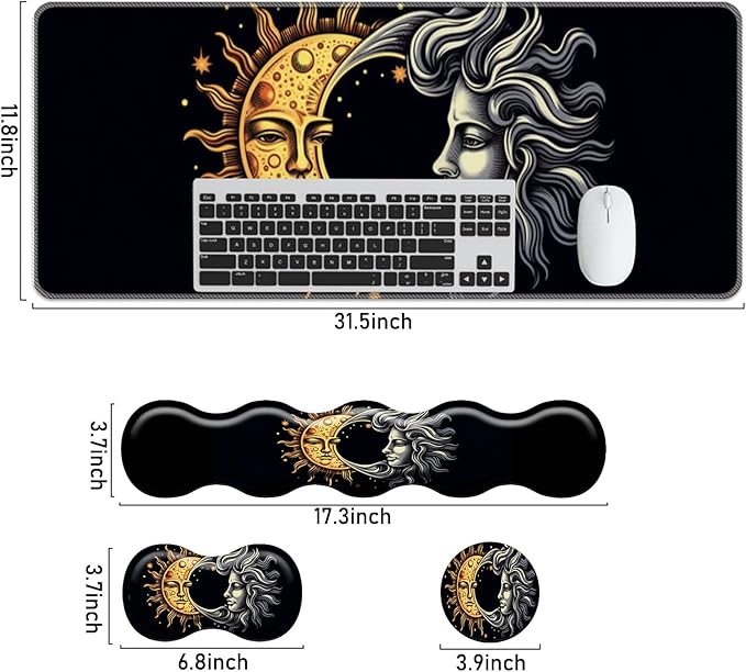 Keyboard Mouse Pad Set,Large Mouse Pad+Keyboard Wrist Rest+Wrist Support+Coaster,31.5x11.8in Extended Desk Mat for Computer Laptop Office Home-Sun Moon