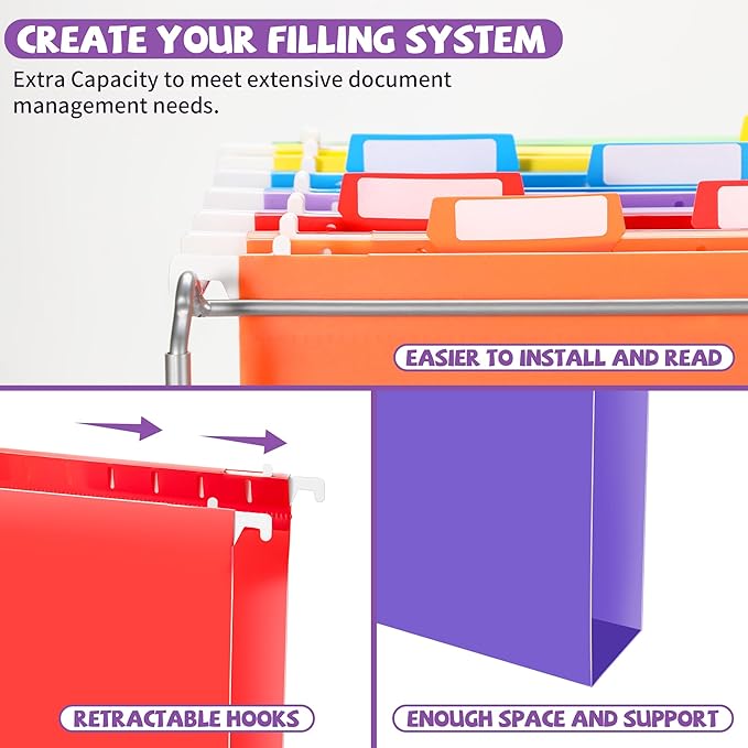 24 Pcs Plastic Hanging File Folders, Letter Size Reinforced Hanging File Folders with Insertable 1/5 Cut Tabs, Assorted Color Coded Organizers for Office Home Filing Cabinets Classroom Supplies