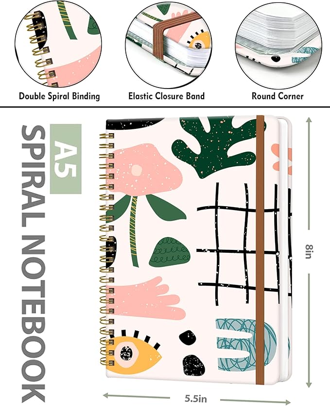 Spiral Journal Notebook for Women, Hardcover A5 College Ruled Notebook, 120 Pages, Thick Paper, Cute Lined Journal for School, Office & Work, 6 x 8.4 in(Doodle Garden)