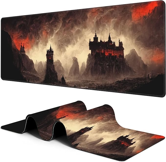 Large Gaming Mouse Pad for Desk Dark Castle Big Desk Mat Extended Mousepad with Stitched Edge and Non-Slip Base Long Computer Keyboard Mouse Mat for Home Office Work, 11.8 x 31.5 Inch