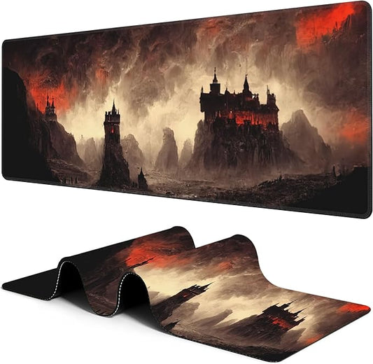 Large Gaming Mouse Pad for Desk Dark Castle Big Desk Mat Extended Mousepad with Stitched Edge and Non-Slip Base Long Computer Keyboard Mouse Mat for Home Office Work, 11.8 x 31.5 Inch