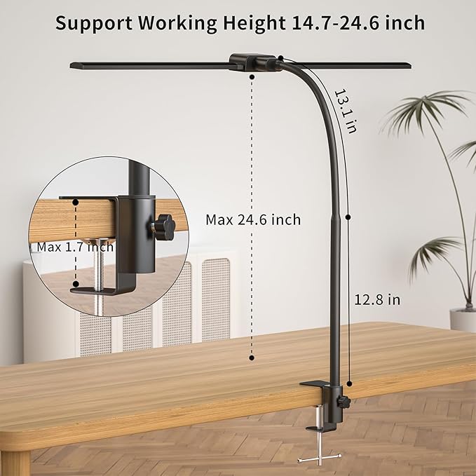 KableRika Desk lamp,Double Head LED Desk Lamp with Clamp,Architect Desk Lights for Home Office,Eye-Caring Desktop Office Lamp 4-Brightness 4-Color Table Lamp for Monitor Workbench Study Reading