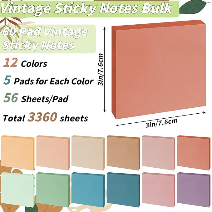 Vintage Sticky Notes 3x3 12 Retro Colors Posted Note 60 Pads Adhesive Paper Memo Pads 56 Sheets/Pad Self-Stick Note Bulk Easy to Stick for Back to School Teacher Student, Office Supplies