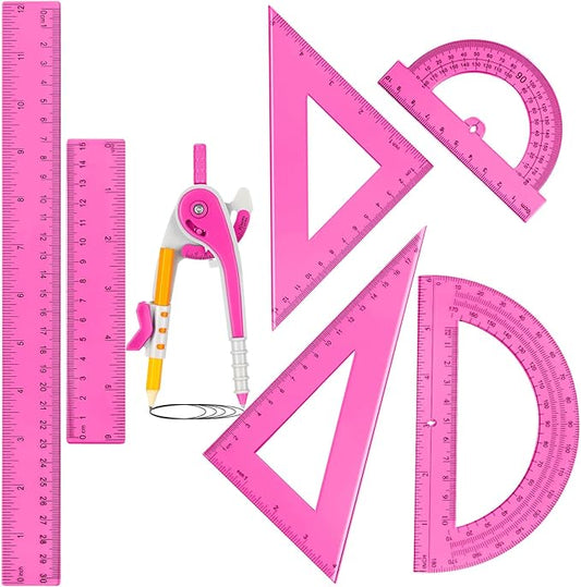 Zonon 1 Set Plastic Geometry Math Set 7 Pcs Includes 6'' / 4 '' Protractor, Drawing Compass, 45/60 Degree Triangle Rulers, 12'' / 6'' Math Ruler Transparent for Office Supplies(Pink)