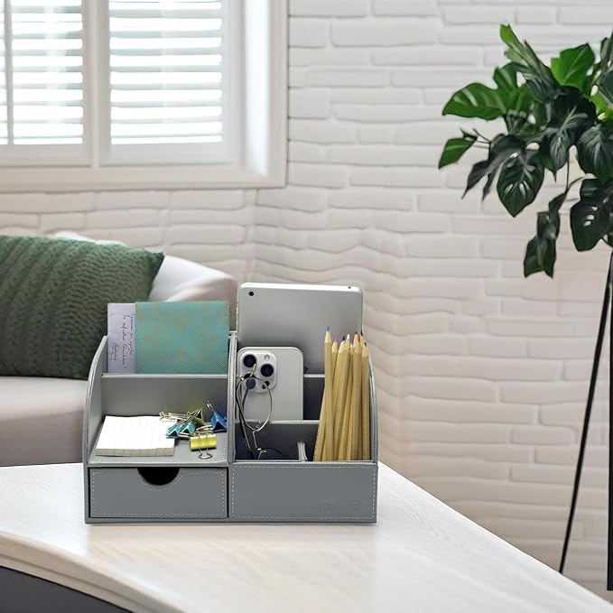 UnionBasic Desk Organizer - Multifunctional Leather Desktop Pen Holder Storage Box - Business Card/Pen/Pencil/Mobile Phone/Stationery Holder, Grey