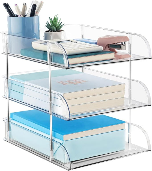 Noger Desk Organizers and Storage, 3 Tier Clear Heightened Desk Organizer, Stackable Paper Tray Organizer for Document, Letter, A4 File Paper, Desk Accessories, Office Supplies (Clear, 3 Pack)