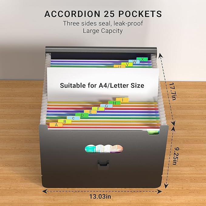 25 Pockets Expanding File Folders,Accordion File Organizer,Portable Filing Box with Plastic Handle,Expandable File Folder,Monthly Bill Receipt Paper and Document Organizer,Colored Tabs,A4/Letter Size