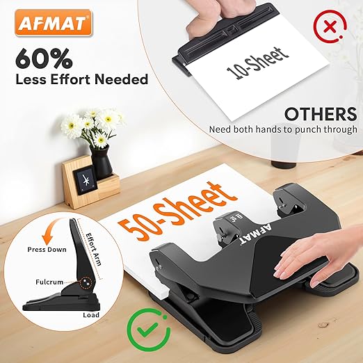 AFMAT HP20 Heavy Duty 3 Hole Punch, 50-Sheet Capacity, 60% Reduced Effort Three Hole Puncher for Binder, 10K+ Uses, Large Chip Tray, Adjustable Paper Guide, Office Metal Paper Puncher 3 Ring, Black