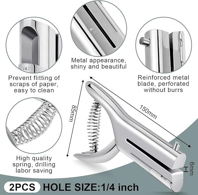 Heavy Duty Hole Punch Single One Hole Puncher Paper Hole Punch Long Reach Reduced Effort 2 Inch Deep Throat Hand Alloy Punch for ID PVC Cards 5 Inch Tall 25 Sheet Capacity(2 Pcs,1/4 Inch Hole)