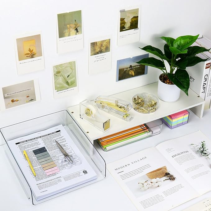 Buqoo Gold Acrylic Sticky Note Holder with 5 Pack Sticky Notes, Stapler and Tape Dispenser Cutter with Staple Remover, Scissor, Ballpoint Pen, Sticky Notes, Paper Clips, File Tray