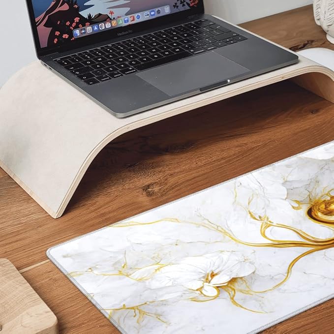 Desk Pad,Office Desk Mat 31.5"×11.8" Large Gaming Mouse Pad,Extended Computer Mouse Pad,Waterproof Thick Big Mouse Pads with Non-Slip Rubber Base Office Home White Gold Marble Flower