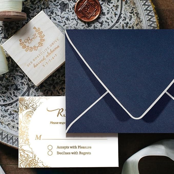 A7 Navy Envelopes With Silver Border, Invitation 5 x 7 Envelopes - 50 Pack For 5x7 Cards| Self Seal| Perfect for Weddings, Invitations, Photos, Baby Shower| 5.25 x 7.25inch (Nbole Blue-Silver Border)