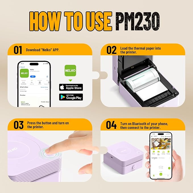 Nelko Sticker Printer, PM230 Print Pod Mini Bluetooth Portabel Sticker Maker with 3 Rolls Paper, Print Pods Mini Printer with Multiple Templates for Phone & Tablet，for School Office Home, Purple