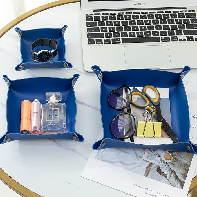 3 Packs Tskijun PU Leather Tray in 3 Sizes Jewelry Tray Glossy Leather Desk Organizer Leather Catchall Tray for Jewelry/Key/Coin/Sun Glasses/Watch/USB Cables etc. (Klein Blue)