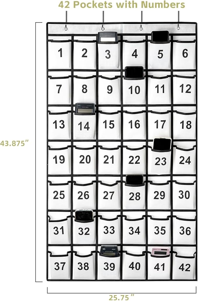 42 Pockets Numbered Classroom Pocket Chart for Cell Phones, Hanging Pocket Chart Storage for Classroom Phone Calculator Holder with 4 Hooks and 42 Clear Numbers Printing (White-42pockets)