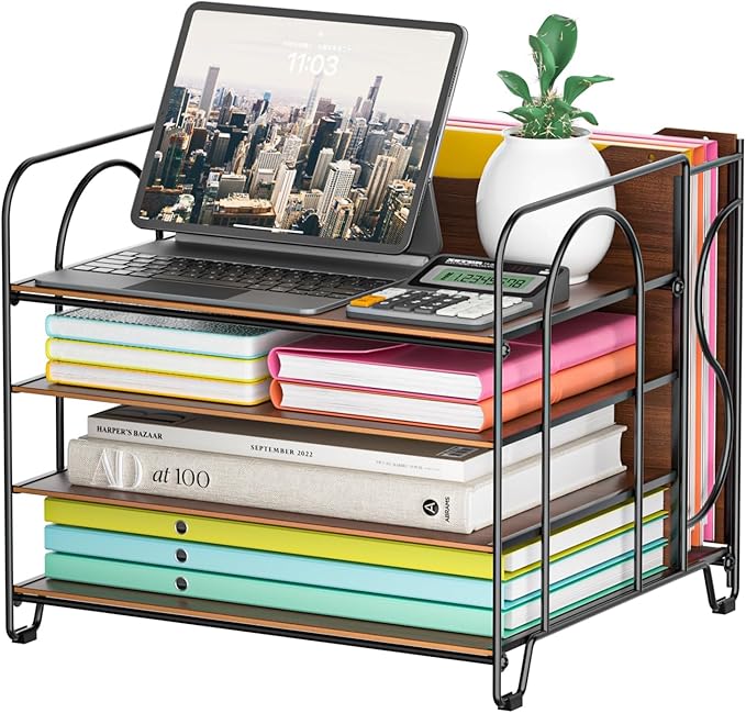 Desk File Organizer, 4-Tier Desk Organizers Wood with 5 A4 File Folders, Letter Size Office Organization, Letter Paper Tray Organizer for Office, School, Home, Black
