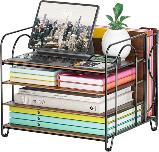 Desk File Organizer, 4-Tier Desk Organizers Wood with 5 A4 File Folders, Letter Size Office Organization, Letter Paper Tray Organizer for Office, School, Home, Black