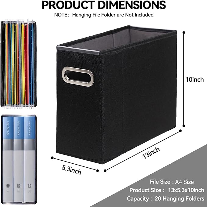 6 Packs Letter Size File Organizer, File Folders Organizer, Fabric Storage Box, Collapsible Paper Organizer with Metal Handle, Smooth PVC Rails, Only Box (Black)