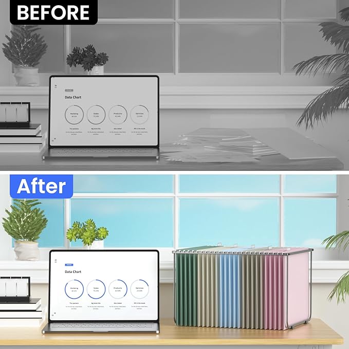 Hanging File Folders Letter Size, Metal File Frame with 25 Pcs Colored Hanging File Folders, 2'' Extension 1/5-Cut Tabs File Organizer Includes Hanging Folders for Desk Office Filing Cabinet