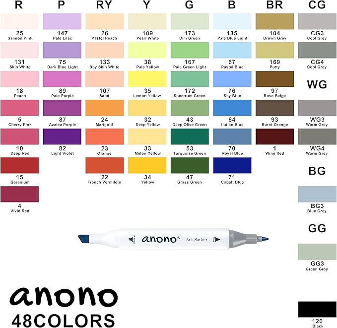 anono 48 Colors Alcohol Markers Set, Coloring Markers with Chisel and Fine Tips, Includes Carrying Case, Suitable for Book Painting and Coloring, White Barrel