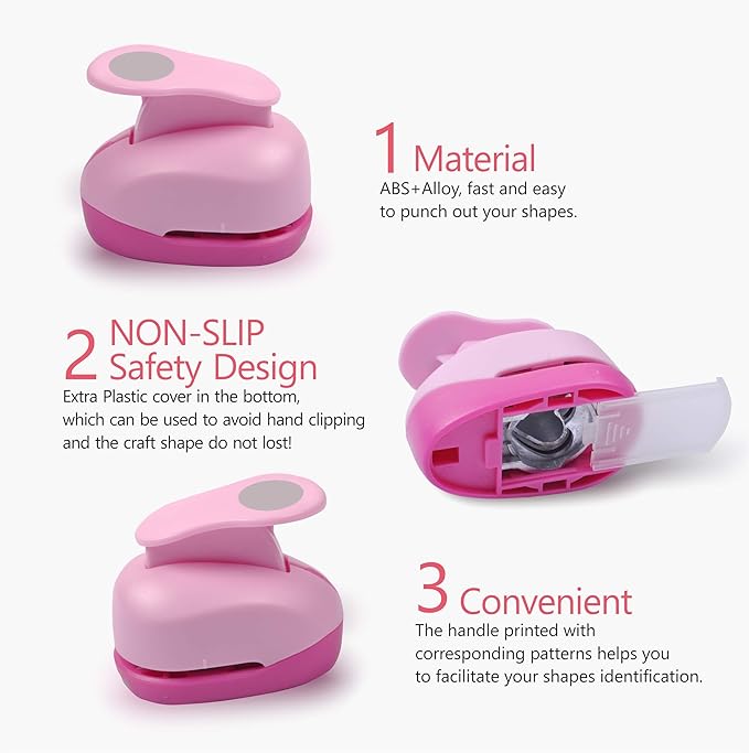 BearBoss 5 Pcs Craft Hole Punch, Handmade Scrapbook Paper Puncher, Different Size of Scrapbooking Punches Crafting Designs for Office Supplies, Card Making, DIY Albums Photos, Pink Color (Circle)