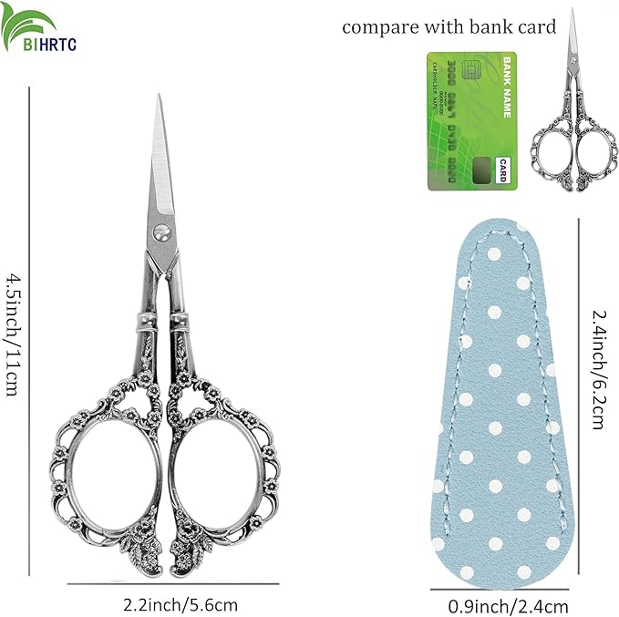BIHRTC 4.5inch Sewing Embroidery Scissors Craft Scissor with Leather Case Sharp Tip Stainless Steel Scissors Shear for Office Home Sewing Supplies Cross Stitch Needlework DIY Antique Pewter