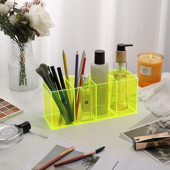 Pen Holder for Desk Neon Acrylic Pencil Holder Cup Makeup Brush Storage Organizer for Vanity, Neon Green