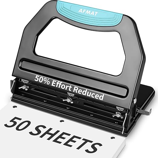 AFMAT HP18 Heavy Duty 3 Hole Punch, 50-Sheet Hole Puncher 3 Ring, 50% Reduced Effort, Adjustable Two & Three Hole Punch, Metal Paper Puncher w/Large Chip Tray, Metal Paper Guide, Black
