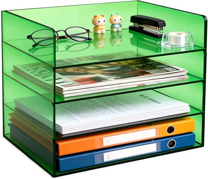 Acrylic File Organizer for Desk 4 Tiered Stackable Letter Tray Office Paper Storage Desktop Document Sorter, Emerald Green