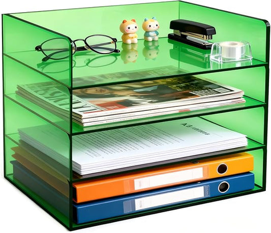 Acrylic File Organizer for Desk 4 Tiered Stackable Letter Tray Office Paper Storage Desktop Document Sorter, Emerald Green