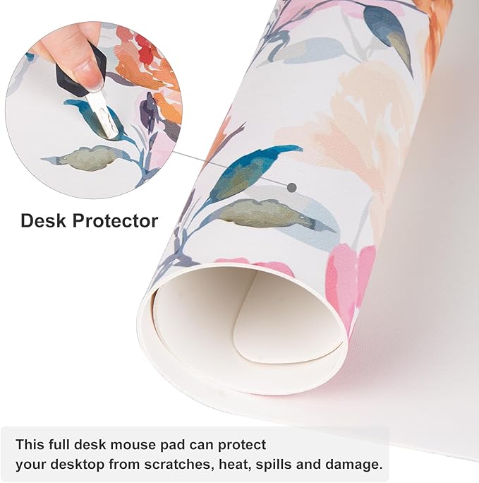 QIYI Floral Mouse Pad, Watercolor Flowers Desk Mat for Desktop, Women Girls Office Décor Accessories, PU Leather Waterproof Gaming Mousepad, Pink Yellow Peonies Desk Pad Computer Mat, 31.5" x 15.7"