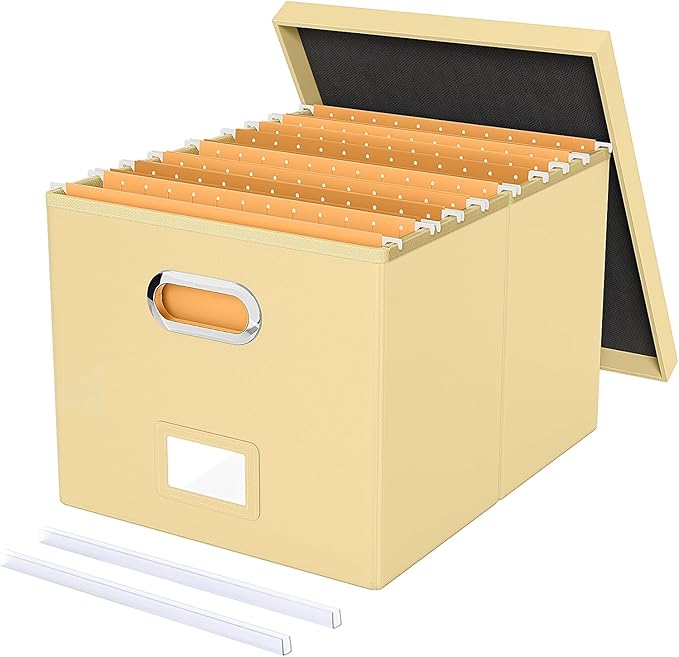 Oterri File Organizer Box,Filing Box with Lid,File Box for Letter/Legal File Folder Storage, Portable Hanging File Box for Office/Decor/Home,1 Pack, Cream-yellow(Leather),Box only