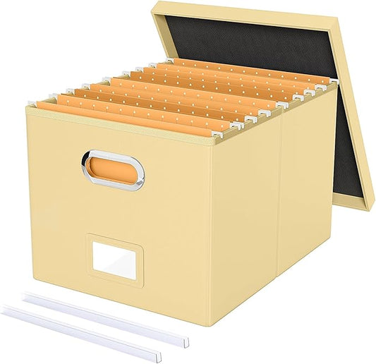 Oterri File Organizer Box,Filing Box with Lid,File Box for Letter/Legal File Folder Storage, Portable Hanging File Box for Office/Decor/Home,1 Pack, Cream-yellow(Leather),Box only
