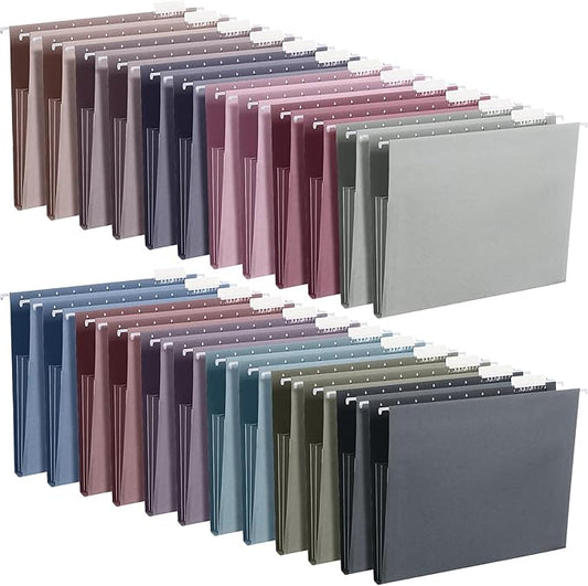 Yaomiao 24 Pack Hanging File Folders 3 Pleats Letter Size File Cabinet Folders with 1/5-Cut Adjustable Tabs Expandable Document Cabinet Colored for Home Desk Office Organization(Retro Color)