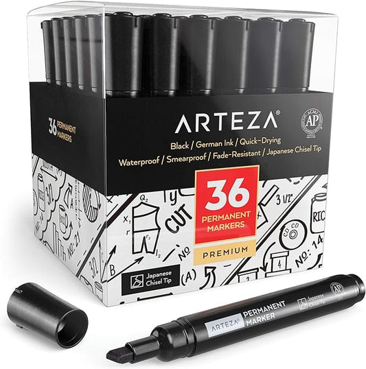 ARTEZA Permanent Markers, Set of 36, Black, Chisel Tip, Waterproof
